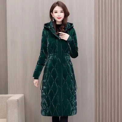 Winter Coat Detachable Hat Shiny Polyester Fabric Elegant Slim Long Style Warm Quilted Mid Length - SN Wigs & More