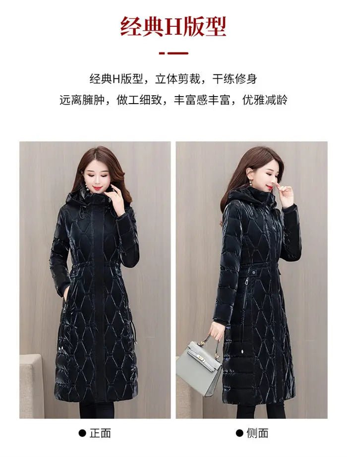 Winter Coat Detachable Hat Shiny Polyester Fabric Elegant Slim Long Style Warm Quilted Mid Length - SN Wigs & More