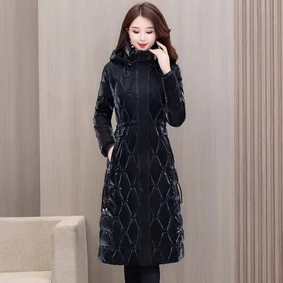 Winter Coat Detachable Hat Shiny Polyester Fabric Elegant Slim Long Style Warm Quilted Mid Length - SN Wigs & More