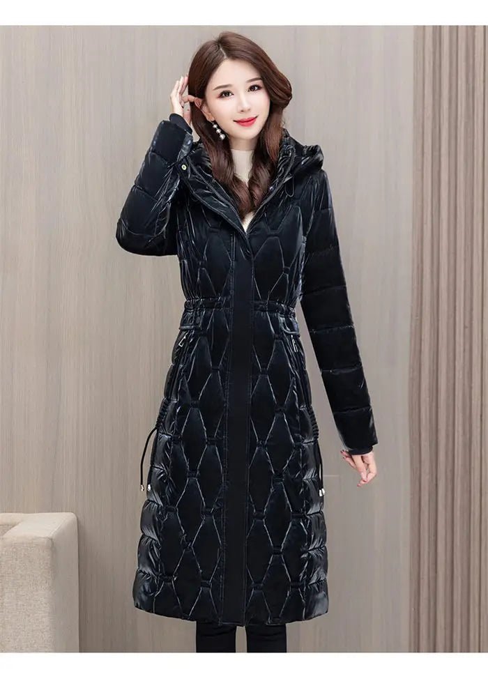 Winter Coat Detachable Hat Shiny Polyester Fabric Elegant Slim Long Style Warm Quilted Mid Length - SN Wigs & More