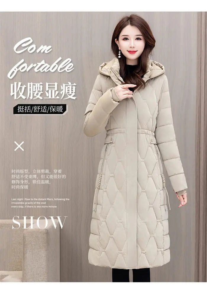 Winter Coat Detachable Hat Shiny Polyester Fabric Elegant Slim Long Style Warm Quilted Mid Length - SN Wigs & More