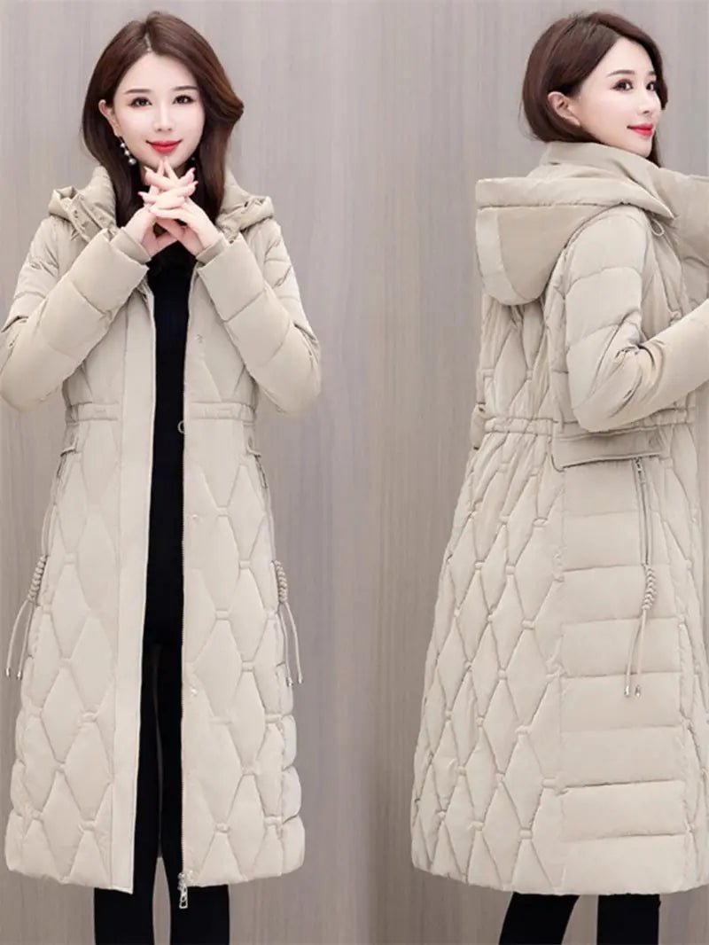 Winter Coat Detachable Hat Shiny Polyester Fabric Elegant Slim Long Style Warm Quilted Mid Length - SN Wigs & More