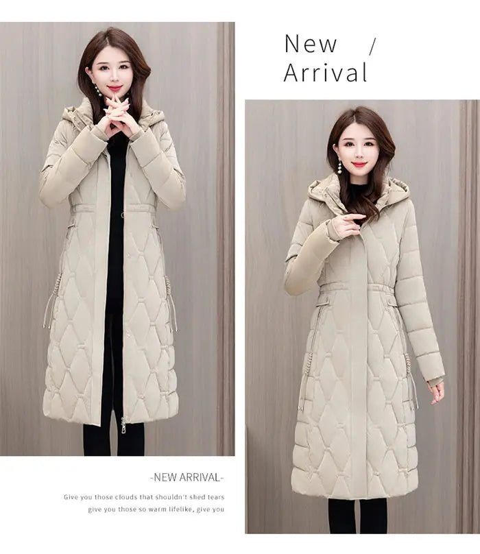 Winter Coat Detachable Hat Shiny Polyester Fabric Elegant Slim Long Style Warm Quilted Mid Length - SN Wigs & More