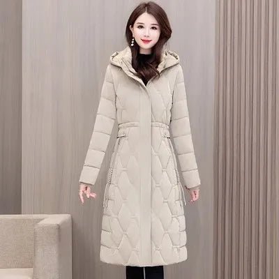 Winter Coat Detachable Hat Shiny Polyester Fabric Elegant Slim Long Style Warm Quilted Mid Length - SN Wigs & More