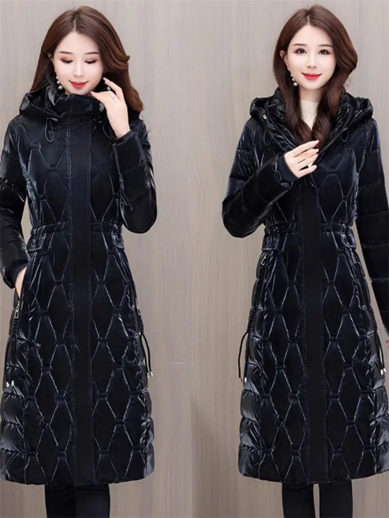 Winter Coat Detachable Hat Shiny Polyester Fabric Elegant Slim Long Style Warm Quilted Mid Length - SN Wigs & More