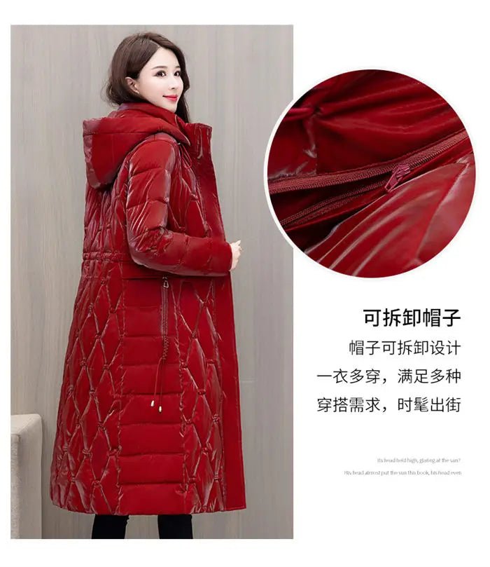 Winter Coat Detachable Hat Shiny Polyester Fabric Elegant Slim Long Style Warm Quilted Mid Length - SN Wigs & More