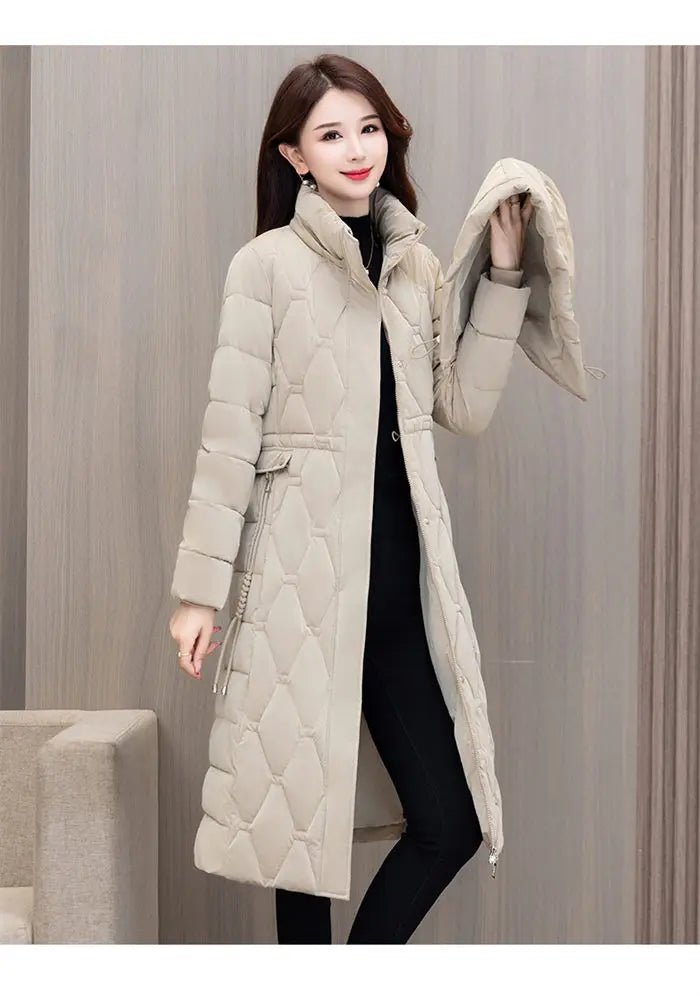Winter Coat Detachable Hat Shiny Polyester Fabric Elegant Slim Long Style Warm Quilted Mid Length - SN Wigs & More