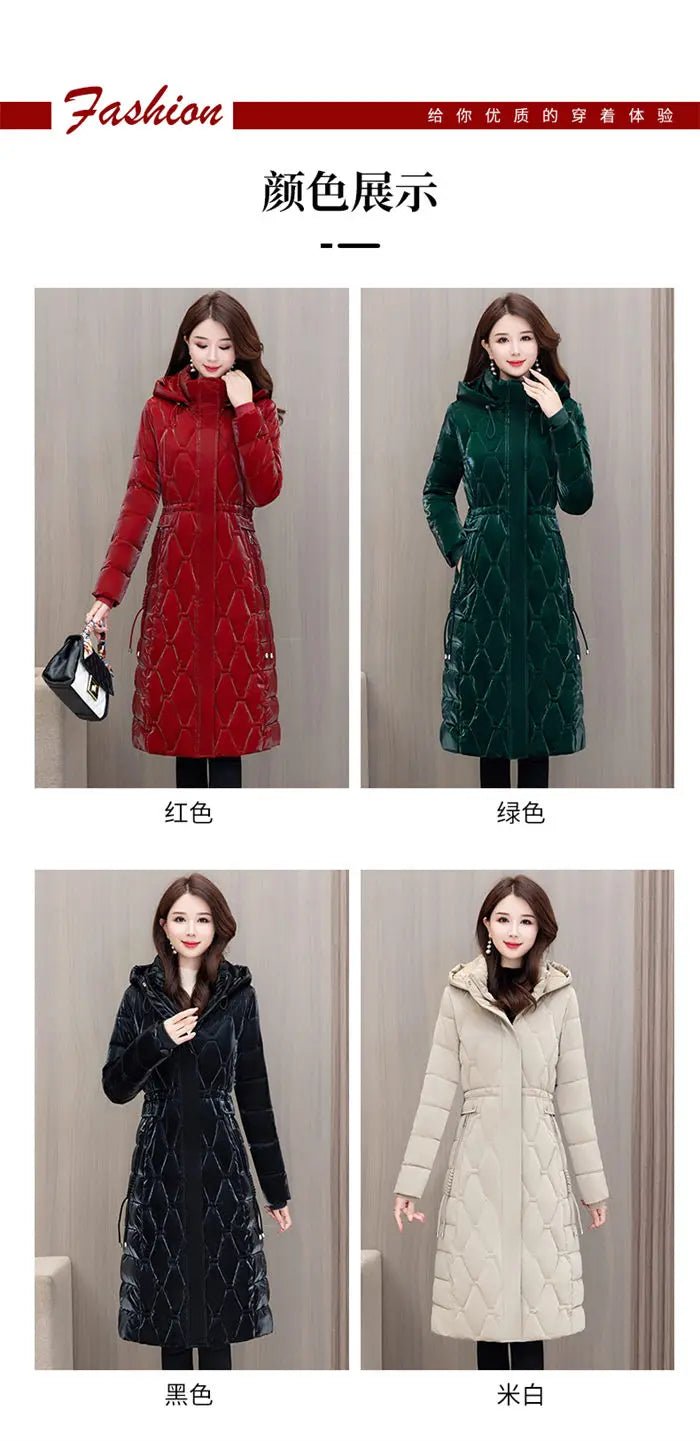 Winter Coat Detachable Hat Shiny Polyester Fabric Elegant Slim Long Style Warm Quilted Mid Length - SN Wigs & More