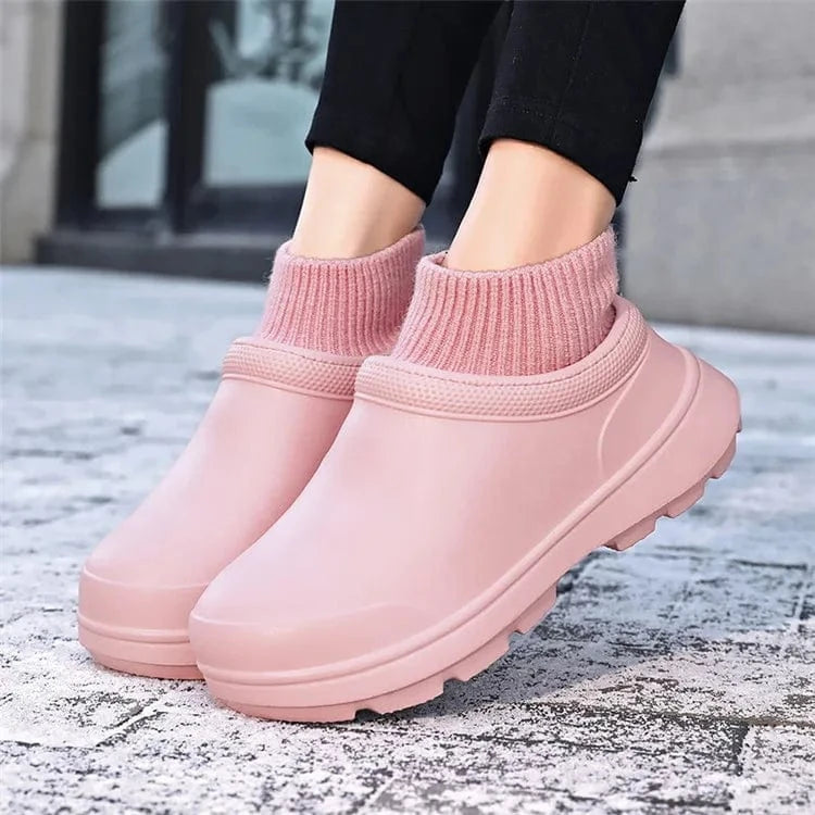 Winter EVA Platform Rain Boots Men Women Designer Rubber Sole Patchwork Knitted Elastic Sock Boots Waterproof Short Boots