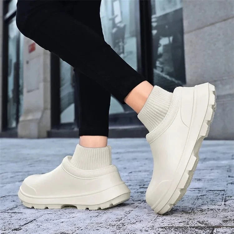 Winter EVA Platform Rain Boots Men Women Designer Rubber Sole Patchwork Knitted Elastic Sock Boots Waterproof Short Boots
