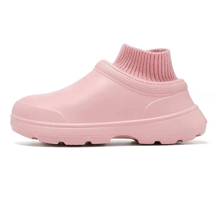 Winter EVA Platform Rain Boots Men Women Designer Rubber Sole Patchwork Knitted Elastic Sock Boots Waterproof Short Boots