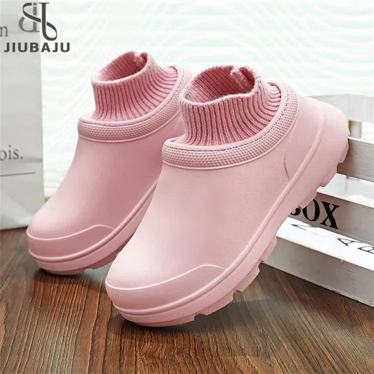 Winter EVA Platform Rain Boots Men Women Designer Rubber Sole Patchwork Knitted Elastic Sock Boots Waterproof Short Boots