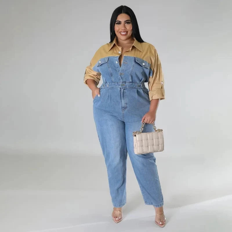 winter fall  formal v-neck blue oversized pants workout causal loose plus size denim rompers and jumpsuits for fat women