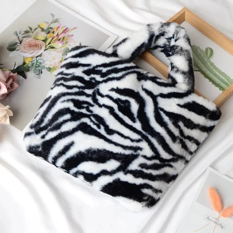 Winter Fashion fur Leopard Print Handbag Designer Women Plush Chain Shoulder Bags