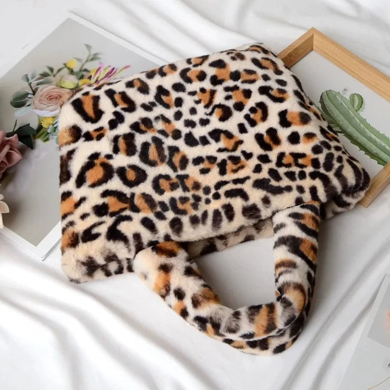 Winter Fashion fur Leopard Print Handbag Designer Women Plush Chain Shoulder Bags