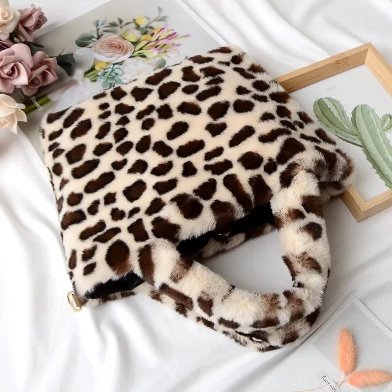 Winter Fashion fur Leopard Print Handbag Designer Women Plush Chain Shoulder Bags