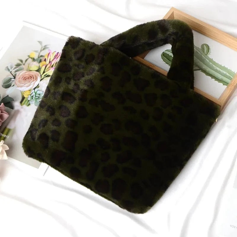Winter Fashion fur Leopard Print Handbag Designer Women Plush Chain Shoulder Bags