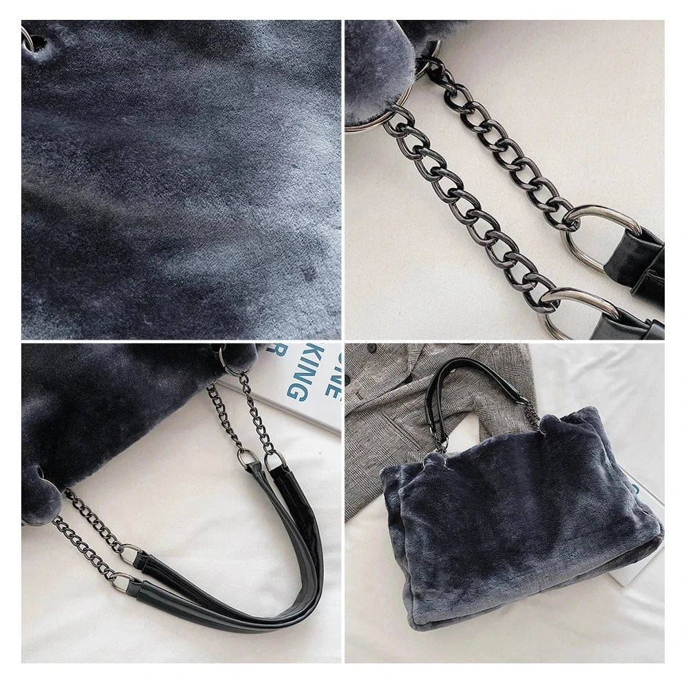 Winter Faux Fur Women Shoulder Bag Plush Fashion Chain Lady Purses Large Capacity Casual Tote Handbag