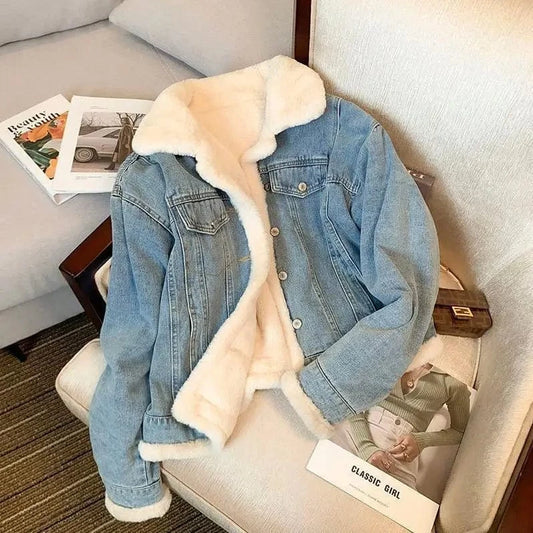 Winter Fleece Thicken Denim Jacket Women Loose Oversized Casual Warm Jeans Coats Wear Fur Collar Long Sleeves Female Clothes