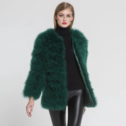 Winter Fluffy Turkey Feather Coat Women Windproof Fashion Ostrich Feather Fur Coat