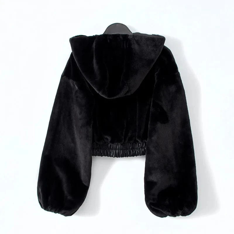 Winter Fur Coat Women Fashion High Street Wear Black and White Hooded Zipper Crop Top Jacket Faux Fur Coat