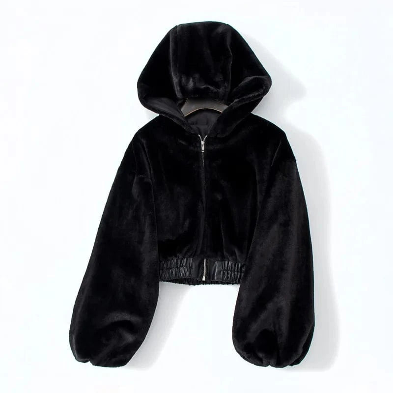 Winter Fur Coat Women Fashion High Street Wear Black and White Hooded Zipper Crop Top Jacket Faux Fur Coat