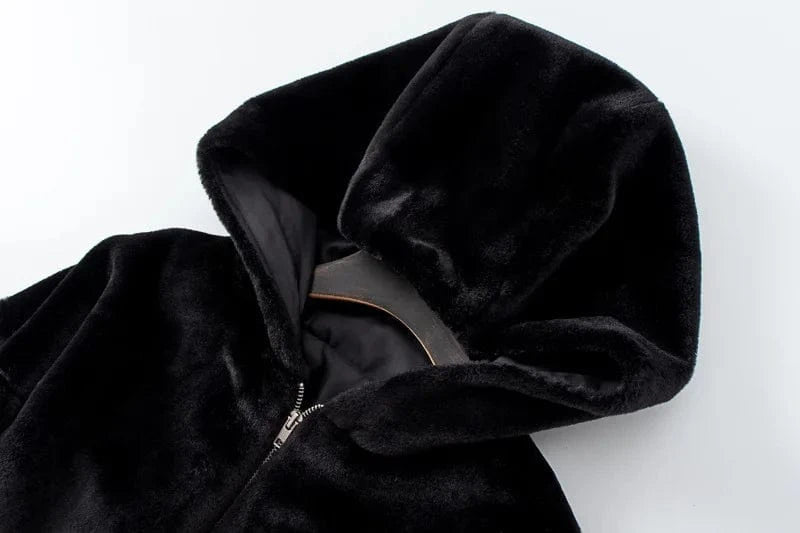 Winter Fur Coat Women Fashion High Street Wear Black and White Hooded Zipper Crop Top Jacket Faux Fur Coat