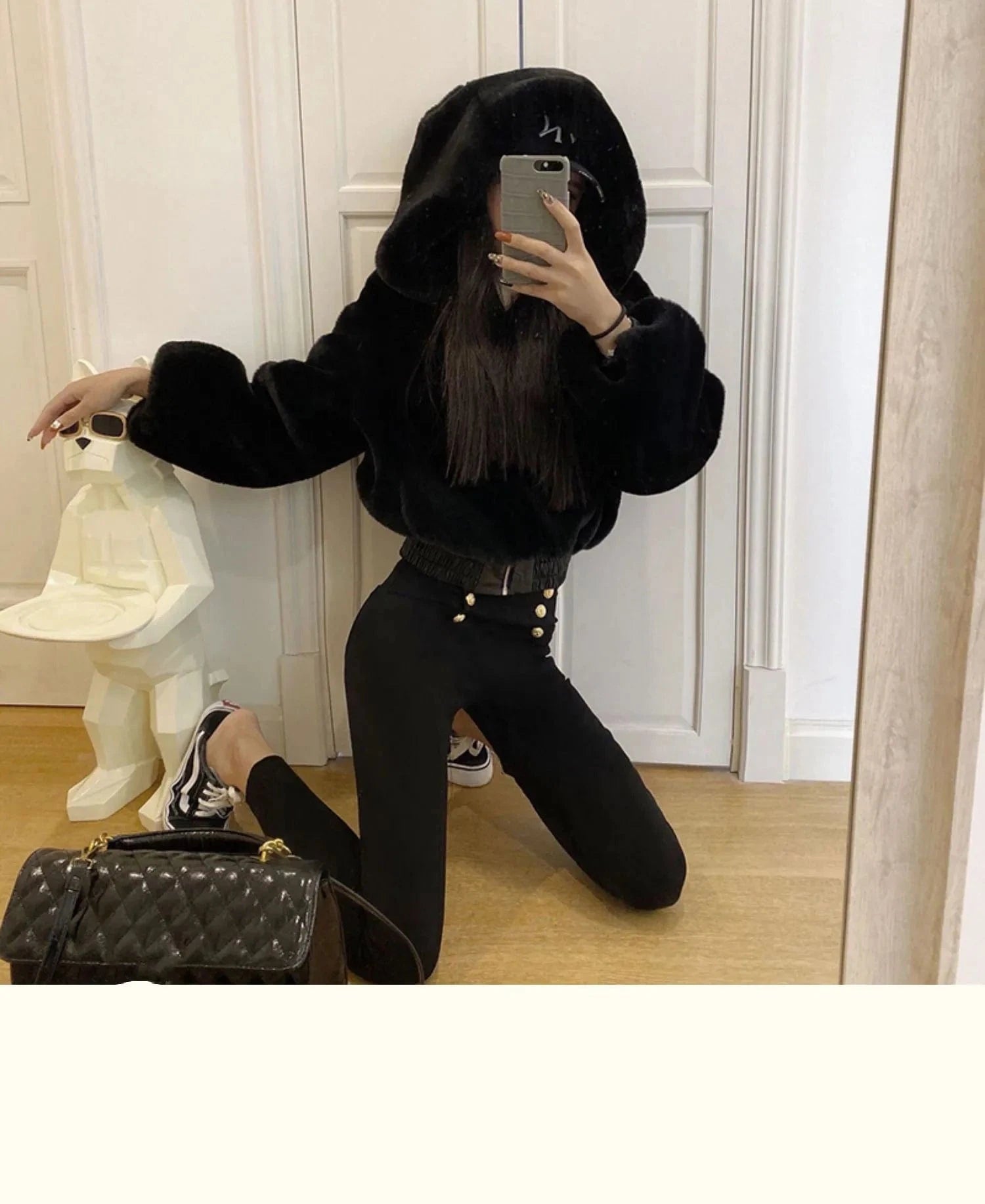 Winter Fur Coat Women Fashion High Street Wear Black and White Hooded Zipper Crop Top Jacket Faux Fur Coat