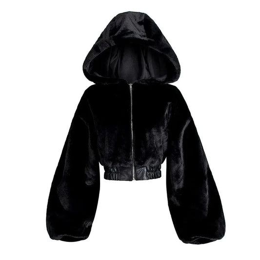 Winter Fur Coat Women Fashion High Street Wear Black and White Hooded Zipper Crop Top Jacket Faux Fur Coat