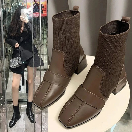 Winter ladies British Wind Women's Middle cylinder short boots chunky heel Thick bottom black platform socks leather ankle shoes