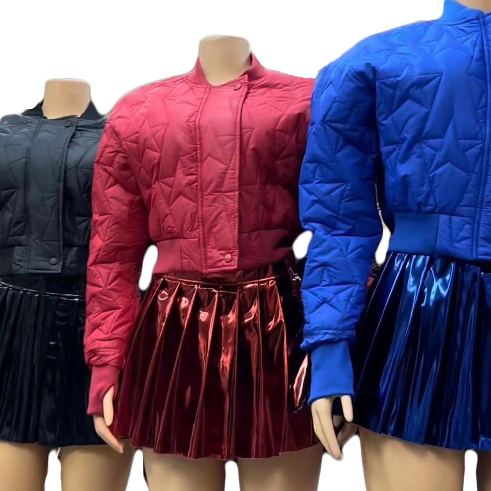 Winter Women Fashion Streetwear Puffer Jacket + Shiny Mini Pleated Skirts 2 Piece Outfits Skirt Sets