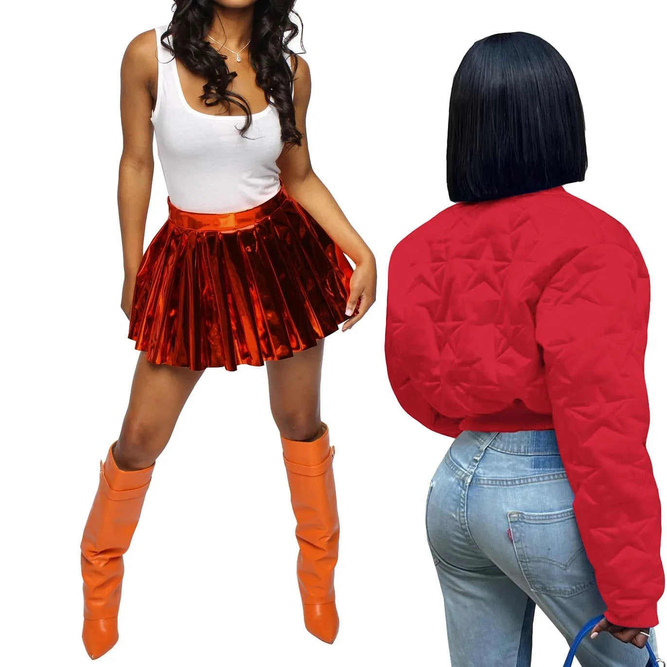 Winter Women Fashion Streetwear Puffer Jacket + Shiny Mini Pleated Skirts 2 Piece Outfits Skirt Sets