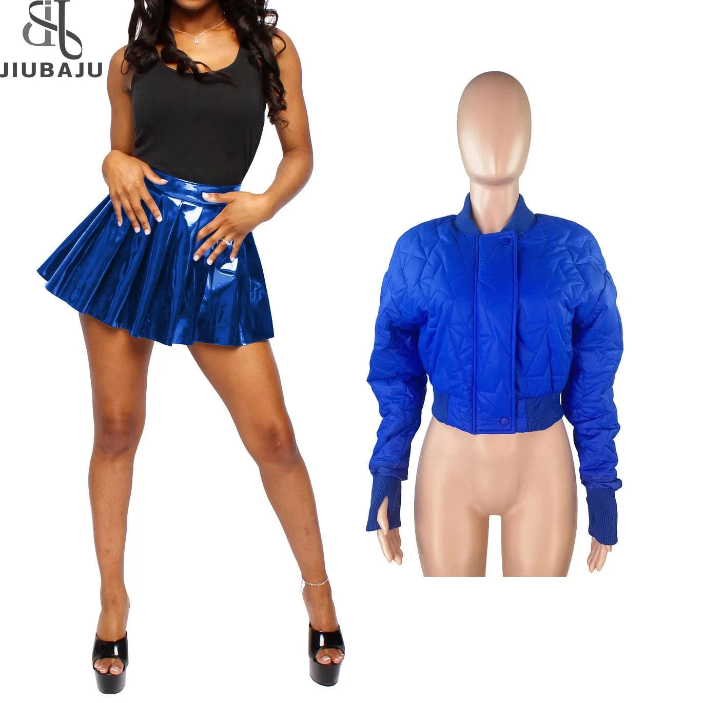 Winter Women Fashion Streetwear Puffer Jacket + Shiny Mini Pleated Skirts 2 Piece Outfits Skirt Sets