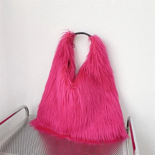Winter Women Faux Fur Bag Solid Color Long Plush Tote Bag Candy Color Soft Fluffy Shoulder Bag Date Shopping Handbag Sac A Main
