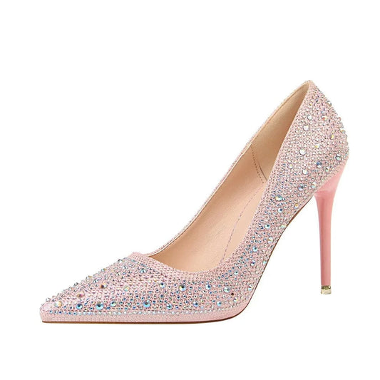 Winter Women Pumps Luxury Colorful Rhinestone Decor Shoes PU Pointed-toe Wrap-toe High Heels Pumps For Ladies Banquet Party Shoe