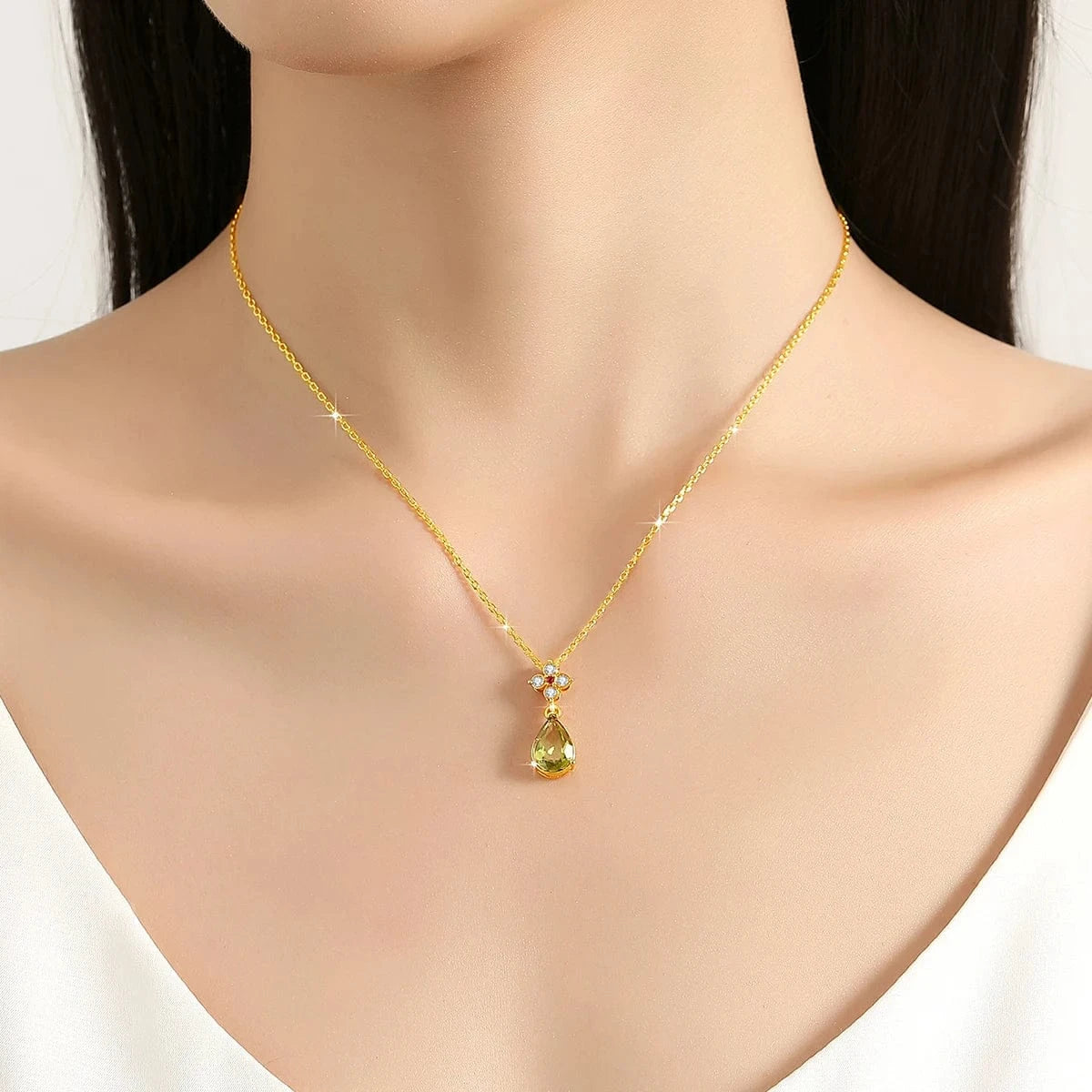 with 925 chain Luxury High Quality Gold Jewelry For Women Cocktail Party Engagement Pear Shape Natural Peridot 18K Gold Pendant