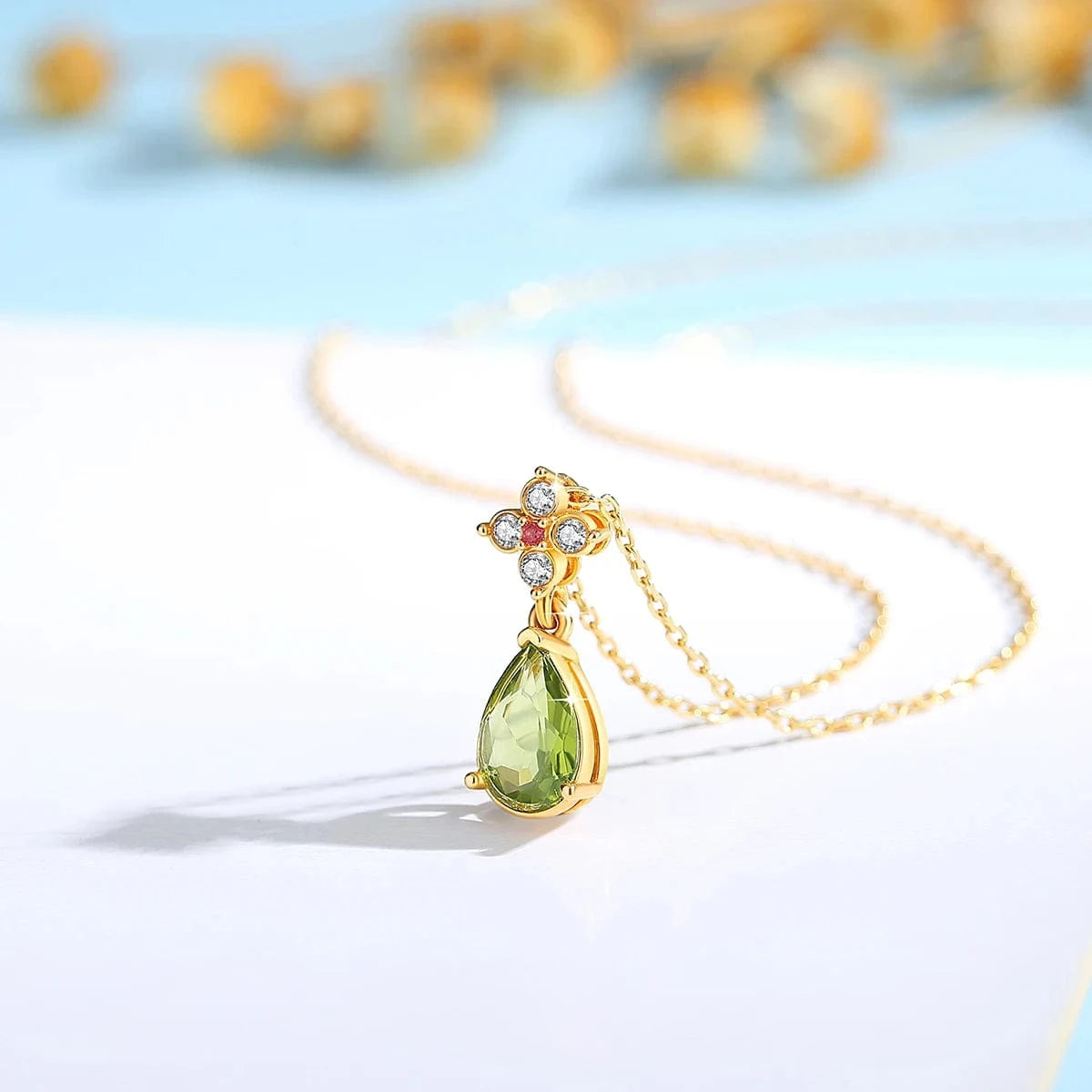 with 925 chain Luxury High Quality Gold Jewelry For Women Cocktail Party Engagement Pear Shape Natural Peridot 18K Gold Pendant