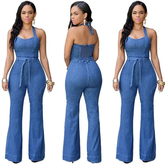 With Belt Ladies Summer Backless Straight Patchwork slim fit ladies 2024 Denim Jeans sleeveless Strapless Jumpsuits for women
