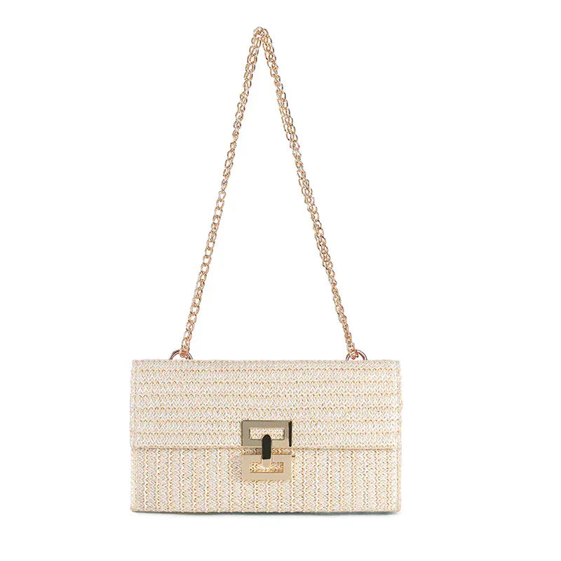 With Chain / CHINA Straw Envelope Evening Party Handbag Fashion Women Weave Pattern Gold Clutch Messenger Purses Lady Daily Commuting Wallet Bags