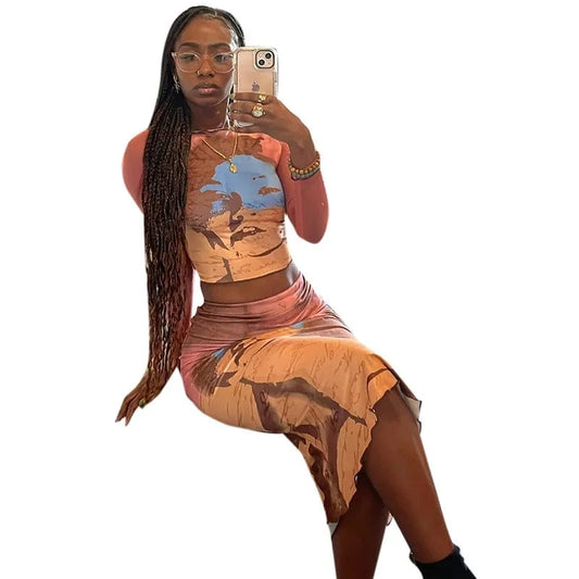 With Stretch Women Clothes Casual Printing 2 Piece Set Long Sleeve Navel Skirt Two Piece Sets for Women Clothing