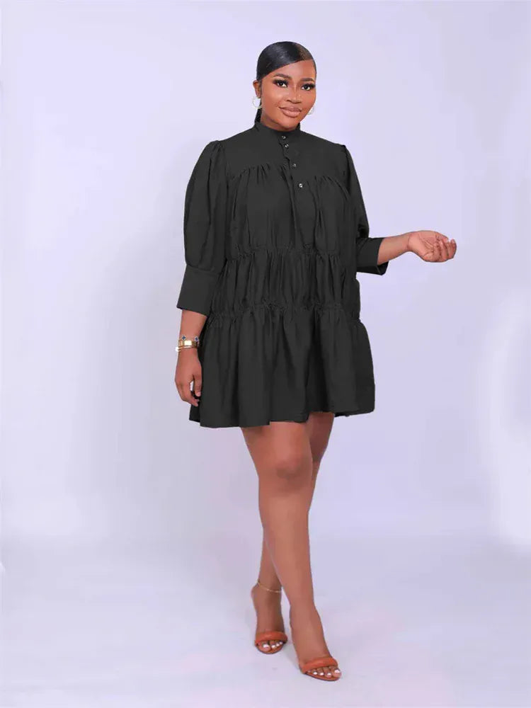 Wmstar Elegant Women Summer Solid Color Short Dress Fashion Long Sleeve High Neck High Waist Clothes Party Casual Mini Dresses