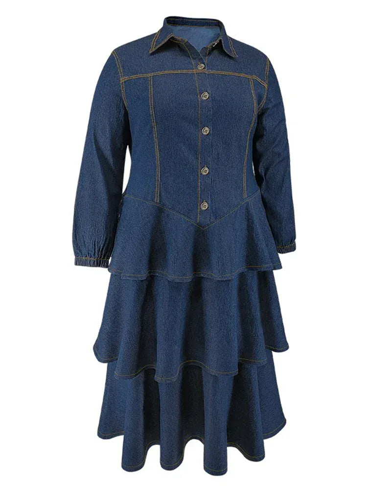 Wmstar Plus Size Denim Dresses for Women Button Solid Fashion Elegant Maxi Long Dress Fall Winter Clothes Wholesale Dropshipping