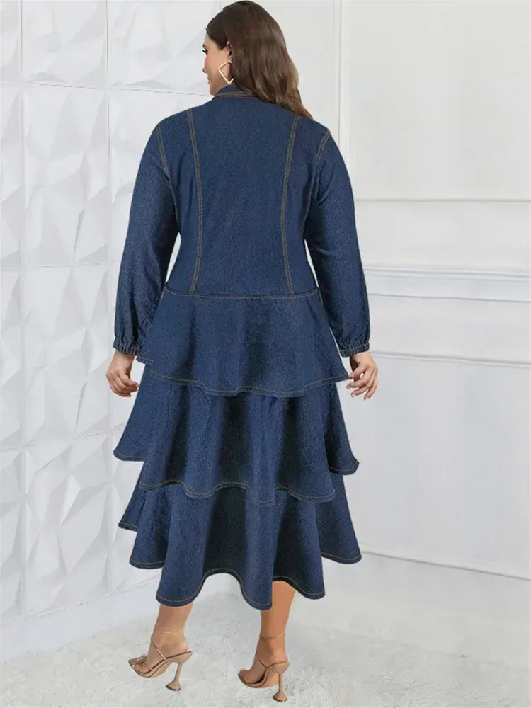 Wmstar Plus Size Denim Dresses for Women Button Solid Fashion Elegant Maxi Long Dress Fall Winter Clothes Wholesale Dropshipping