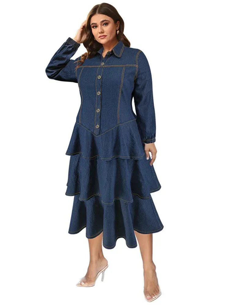 Wmstar Plus Size Denim Dresses for Women Button Solid Fashion Elegant Maxi Long Dress Fall Winter Clothes Wholesale Dropshipping