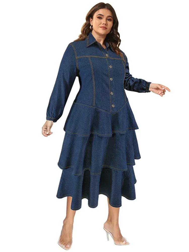 Wmstar Plus Size Denim Dresses for Women Button Solid Fashion Elegant Maxi Long Dress Fall Winter Clothes Wholesale Dropshipping