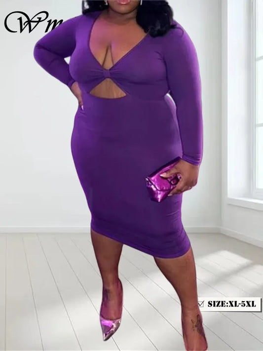 Wmstar Plus Size Dresses Women Bodycon Stretch V Neck Hollow Out Elegant Long Sleeve Maxi Dress Summer Wholesale Dropshipping