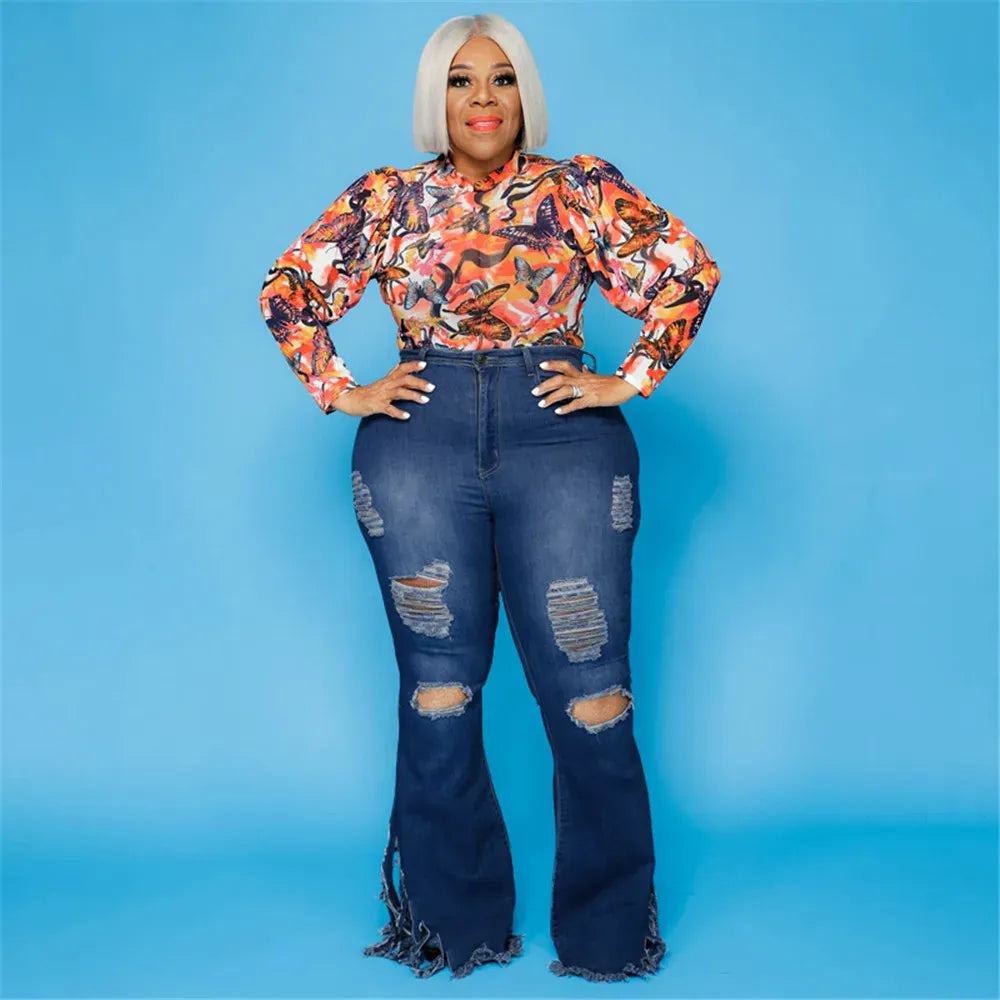Wmstar  Plus Size Jeans Women  Bodycon Stretch Solid Pockets High Waist Fashion Denim Flared Pants 2022 Wholesale Dropshipping