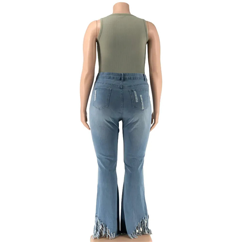 Wmstar  Plus Size Jeans Women  Bodycon Stretch Solid Pockets High Waist Fashion Denim Flared Pants 2022 Wholesale Dropshipping