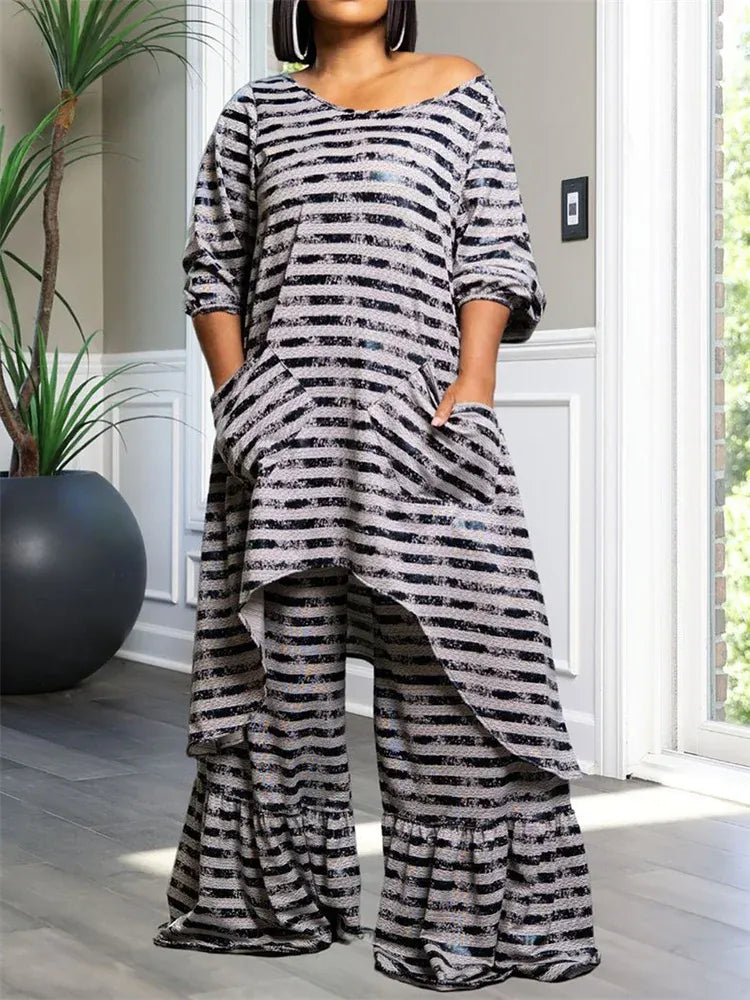 Wmstar Plus Size Two Piece Women Clothing Long Sleeve Long Top and Pants Sets Striped Matching Set Wholesale Dropshopping 2024