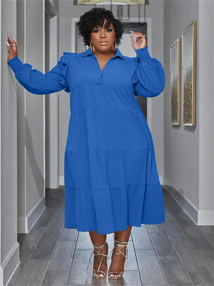 Wmstar Plus Size Women Clothing Dresses Women Petals Long Sleeve Loose Solid Elegant Maxi Shirts Dress Wholesale Dropshipping